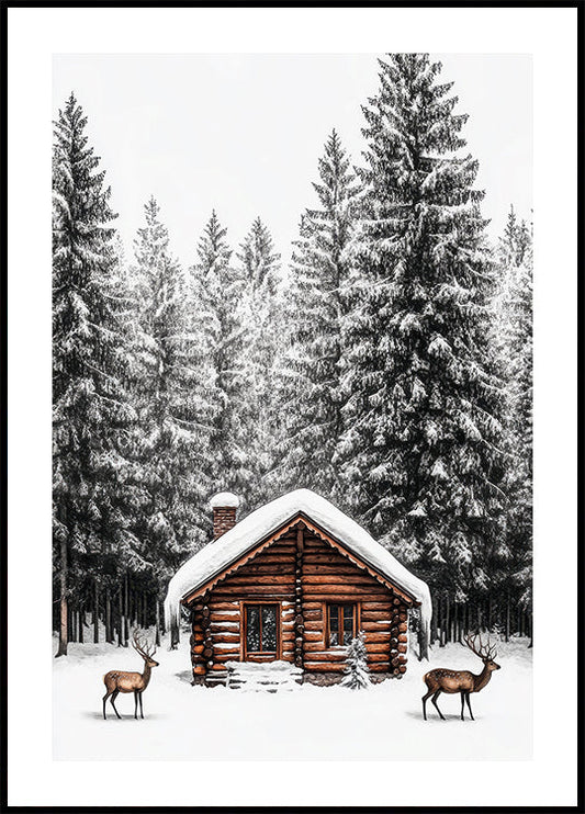 a log cabin with two deer in front of it