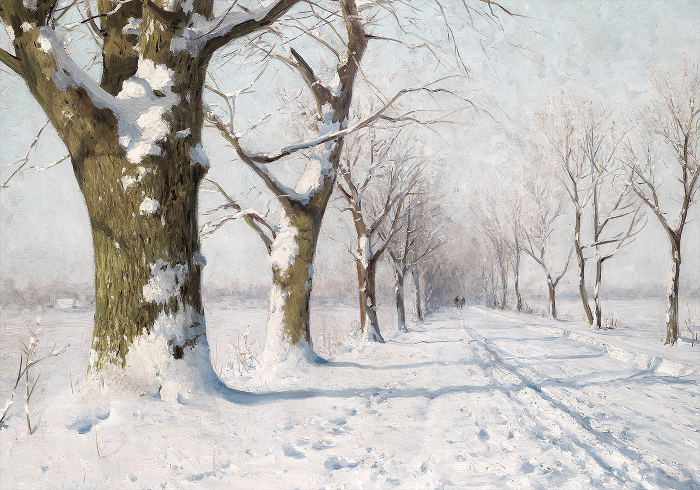 a painting of a snowy path between two trees