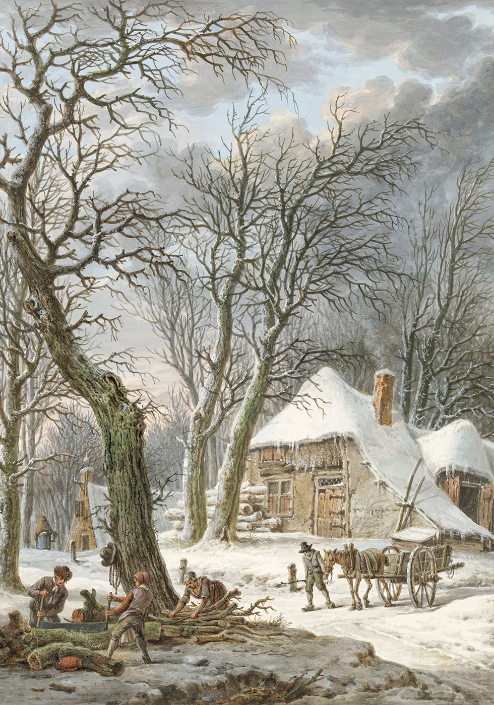 a painting of a winter scene with a horse drawn sleigh