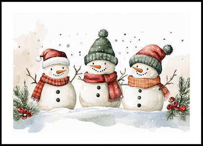 three snowmen wearing hats and scarves in the snow