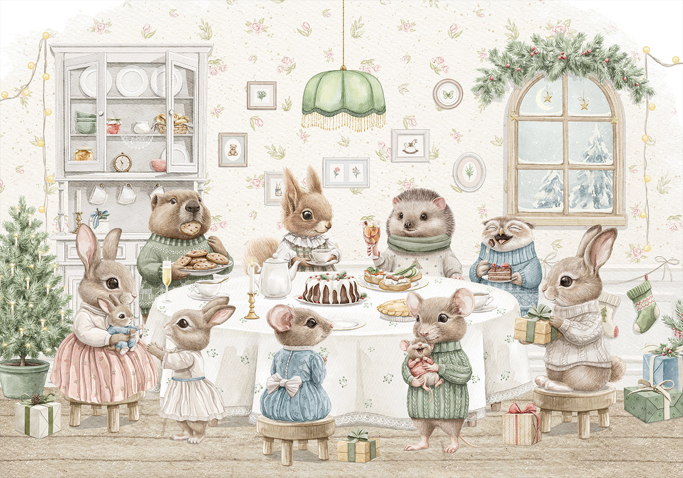 a group of rabbits sitting around a table with a cake