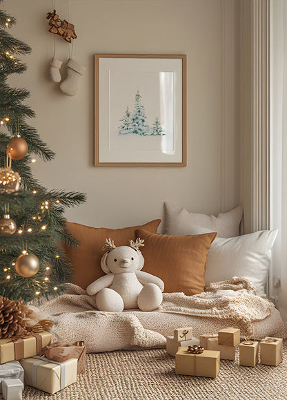 a teddy bear sitting on a pillow in front of a christmas tree