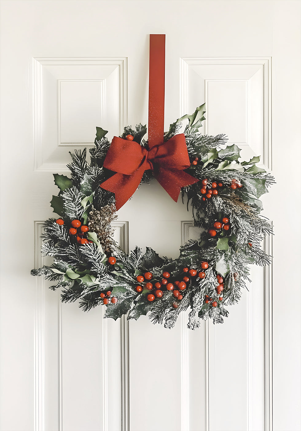 a christmas wreath hanging on a door