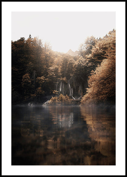 Poster Sonnenaufgang im nebligen Wald mit Reflexionen 