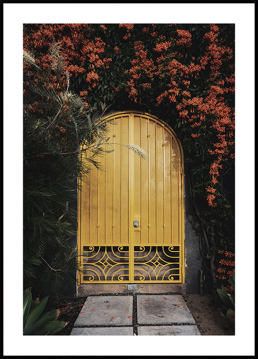 Poster Gelbe Tür mit orange Blumen 