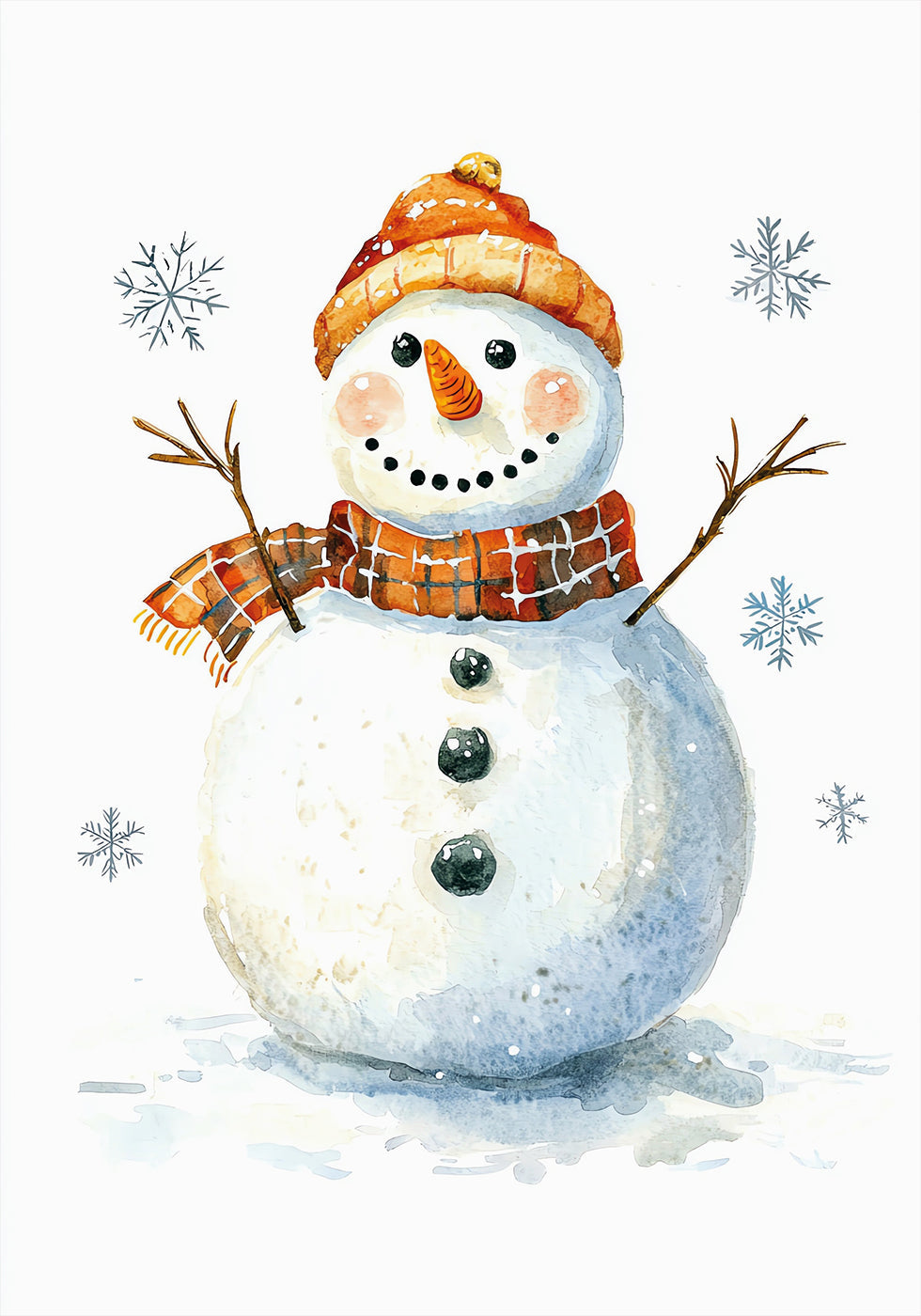 a watercolor painting of a snowman wearing a hat and scarf