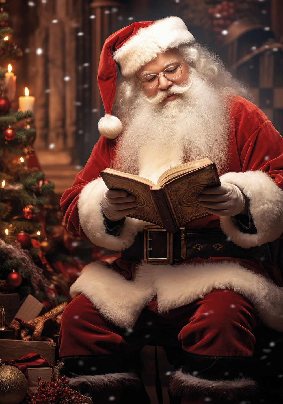 a santa claus reading a book in front of a christmas tree