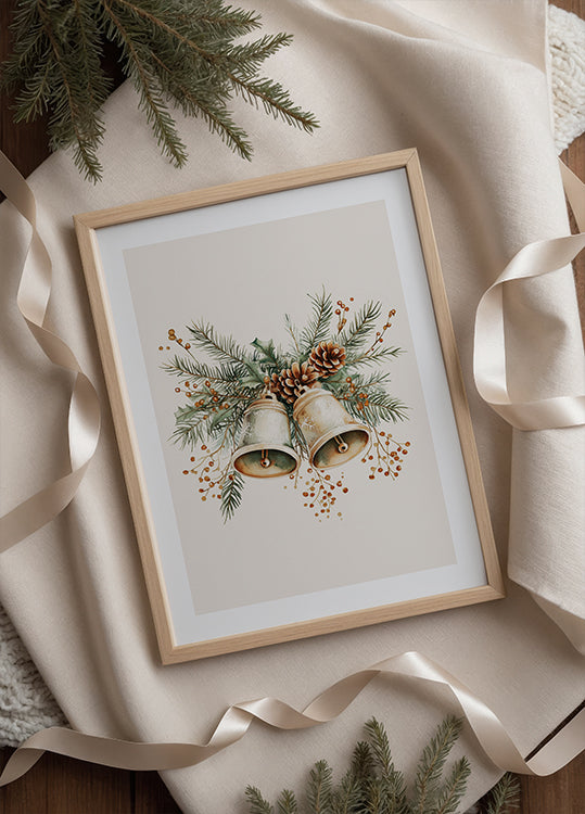 Watercolor Christmas Bells with Pinecones and Berries Poster